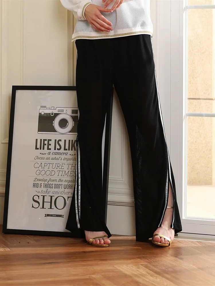 

Summer Hiphop Two-bar Wide Leg Pants Women's Wide-legged New Hip-hop Mesh Thin Section Perspective Leisure Trousers