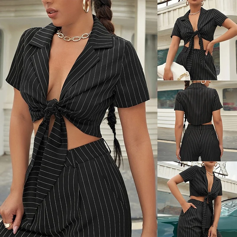 

Women's Striped Cropped Shirt with Front Tie Short Sleeve Casual Summer Tops