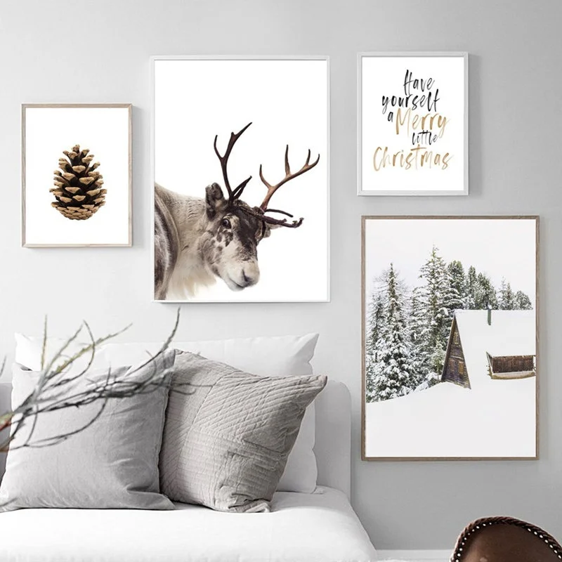 

Christmas Home Decor Poster Winter Moose Paintings Pinecone Picture Scandinavian Wall Art Canvas Painting Living Room Decoration