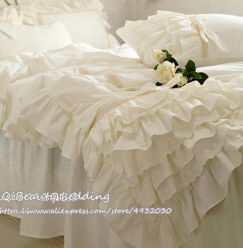 Элегантная однотонная бежевая кружевная юбка кровать с бантом хлопковая розовая