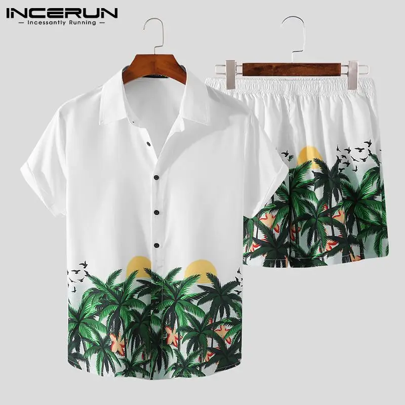 Printed Men Hawaiian Sets Vacation Lapel Short Sleeve Shirt & Shorts Summer Fashion Streetwear Mens Suits 2 Pieces S-3XL INCERUN