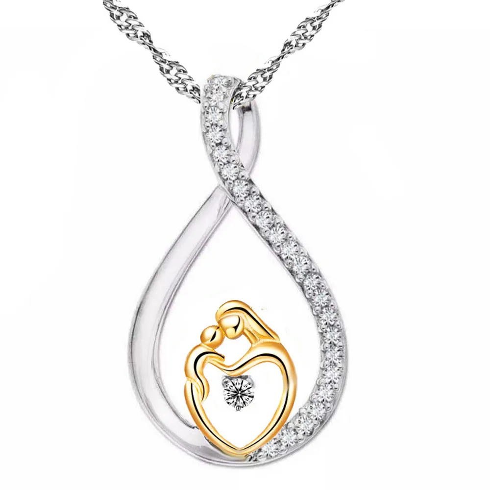 

Fashion Mother's Day New Gifts Silver Mosaic Zircon Necklace Cartoon Mom And Kid Love Pendant Necklace Free Shipping