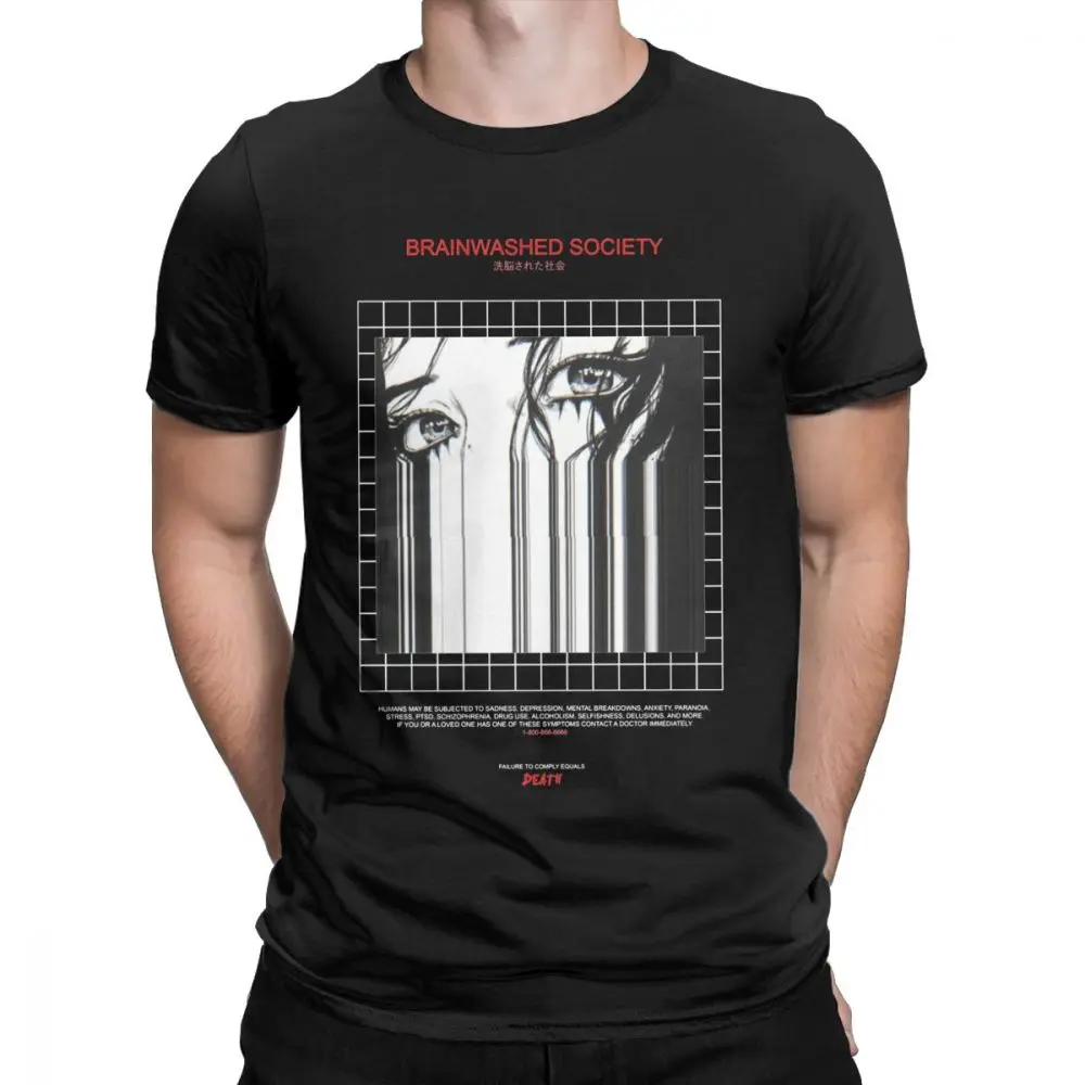 Brainwash society Harajuku футболка Мужская Аниме Vaporwave Япония гранж Sad хлопковая футболка футболки с коротким рукавом размера плюс Топы - Цвет: Черный