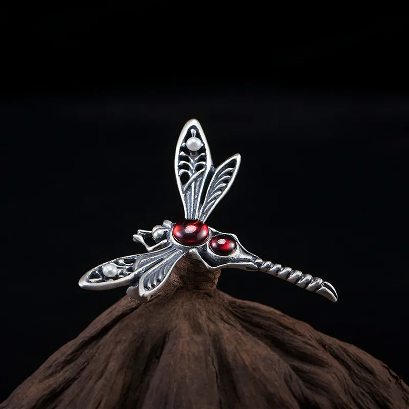 Retro Real 925 Sterling Silver Garnet Dragonfly Pearl Brooch For Women Thai Handmade Vintage Jewelry Flyleaf | Украшения и