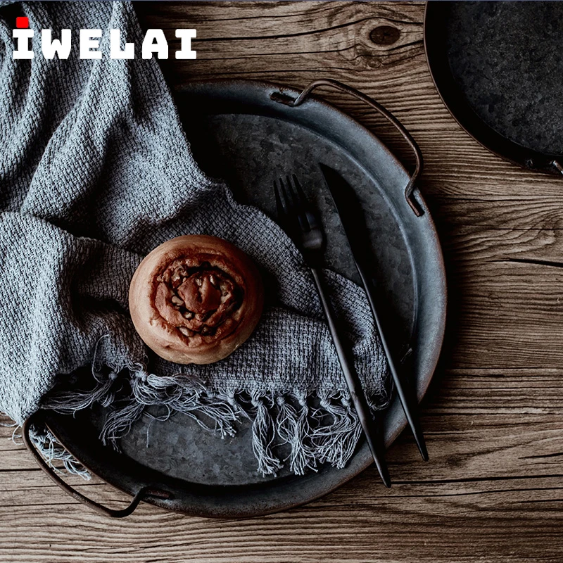 Блюда IWELAI 30 см Европейская металлическая тарелка в стиле ретро круглая ручной