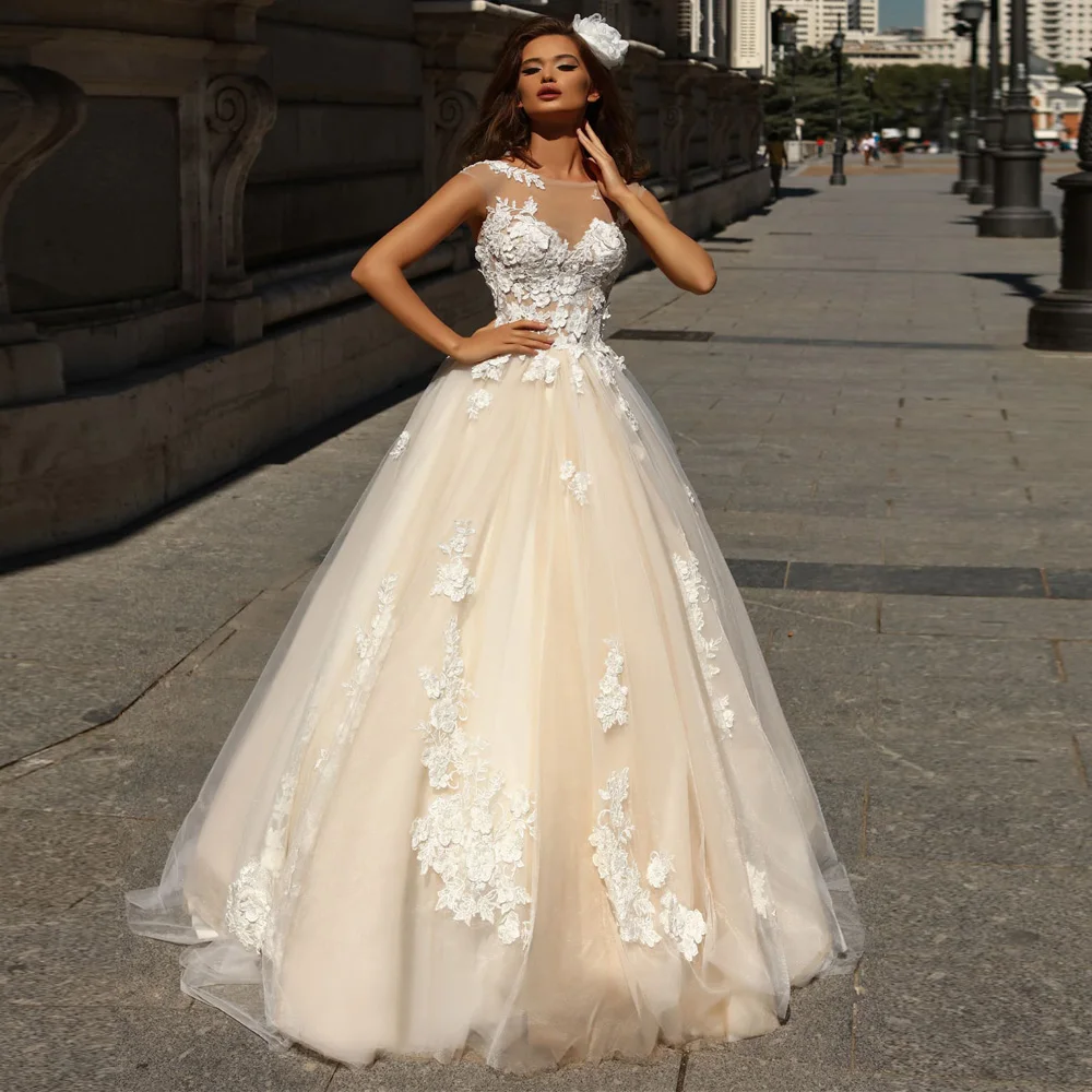 Сексуальное свадебное платье Robe De Mariee Sheer Совок Аппликация цветок Свадебные