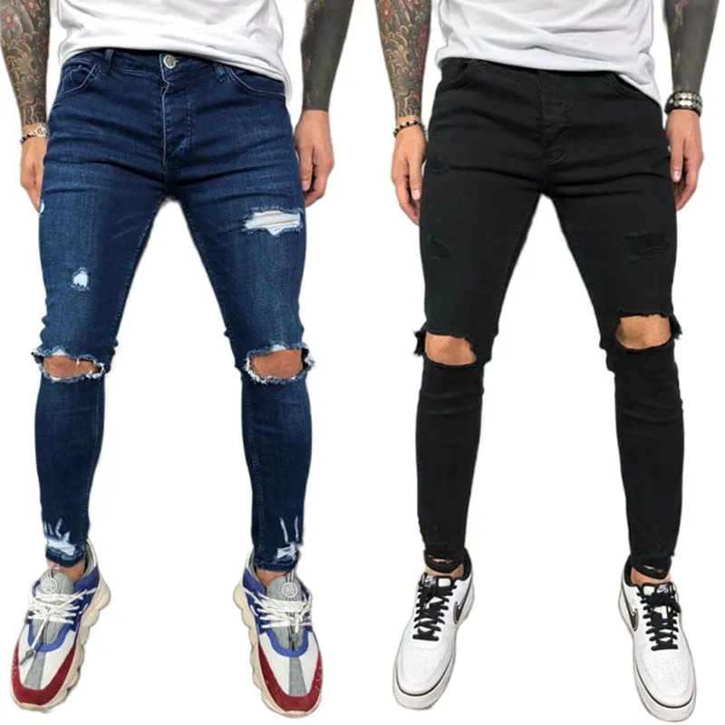 Men Ripped Jeans Skinny  High Street Style Elasticity Slim Frayed Casual Black Blue Gyms Jogger Track Knee Hole Denim
