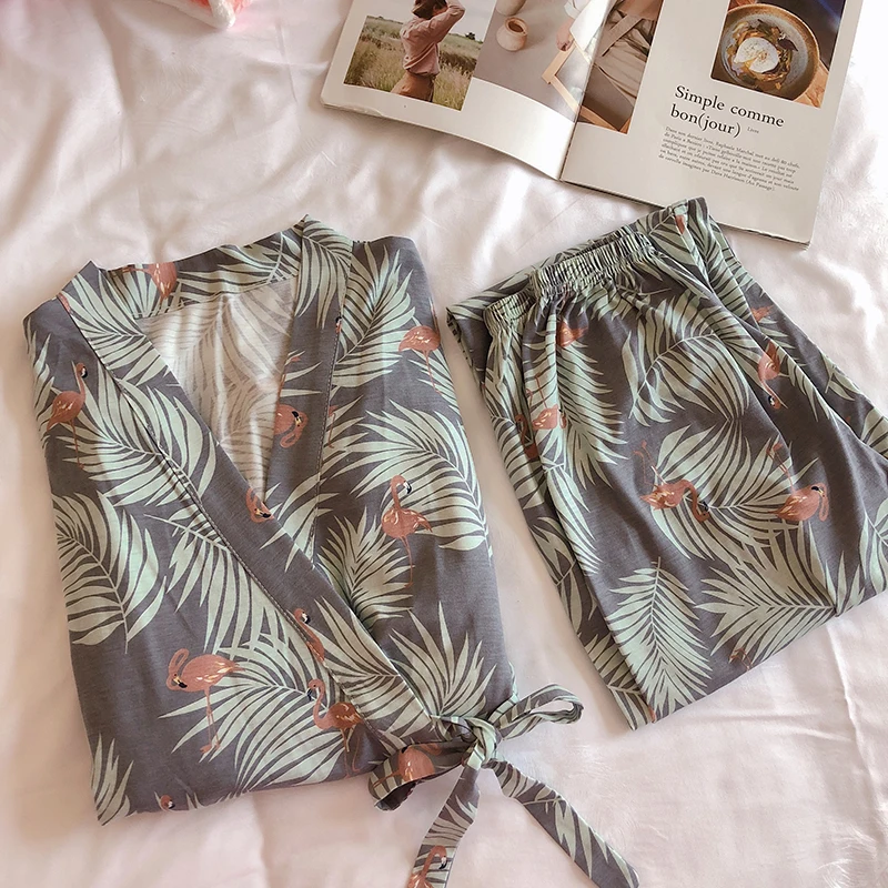 

spring Autumn Girls Pijama Mujer Comfortable Women Pajamas Sets Long Sleeve Kimono Home Wear Serve Lovely Sleepwear set