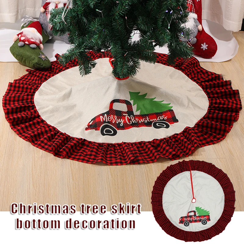 

90cm Christmas Tree Skirt Foldable Linen Red and Black Plaid Edges Xmas Holiday Decorations Practical Party Supplies Dropship
