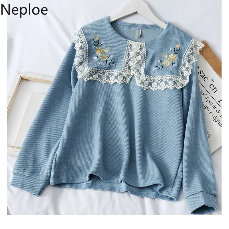 Neploe ретро-кукла воротник кружево лоскутное вышивка цветок вязаный свитер