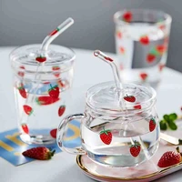 kawaii strawberry glass mug with straw creative high temperature resistance clear glass water cup household milk juice cups