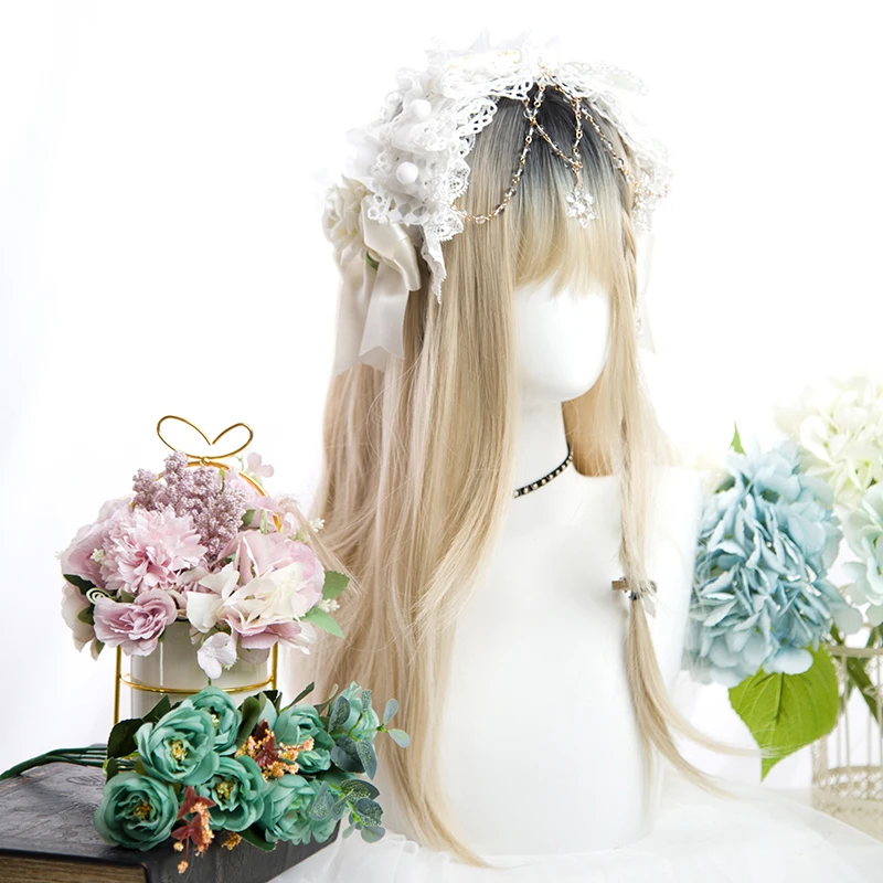 

CTRLALT 24-дюймовые золотые Лолита длинные волнистые вьющиеся парики с челкой милая девушка ежедневвечерние косплей парик Термостойкое синтет...