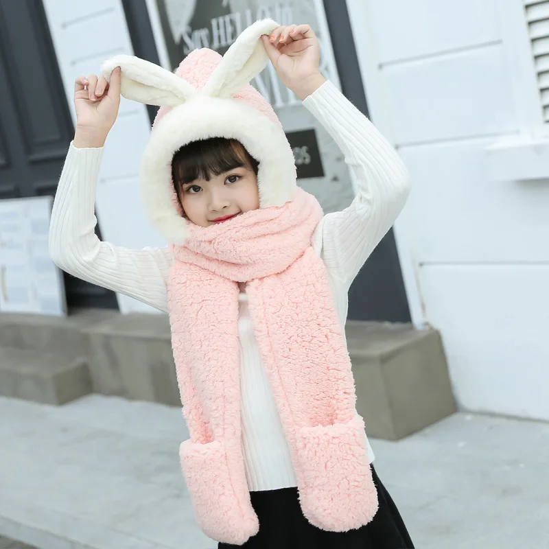 Snow bud pink Kids 3 в 1 искусственный мех милый кролик уха полный капюшон мать-детский головной убор с длинным шарфом перчатки Рождественский подарок для женщин детская зимняя теплая - Цвет: Snow bud pink Kids