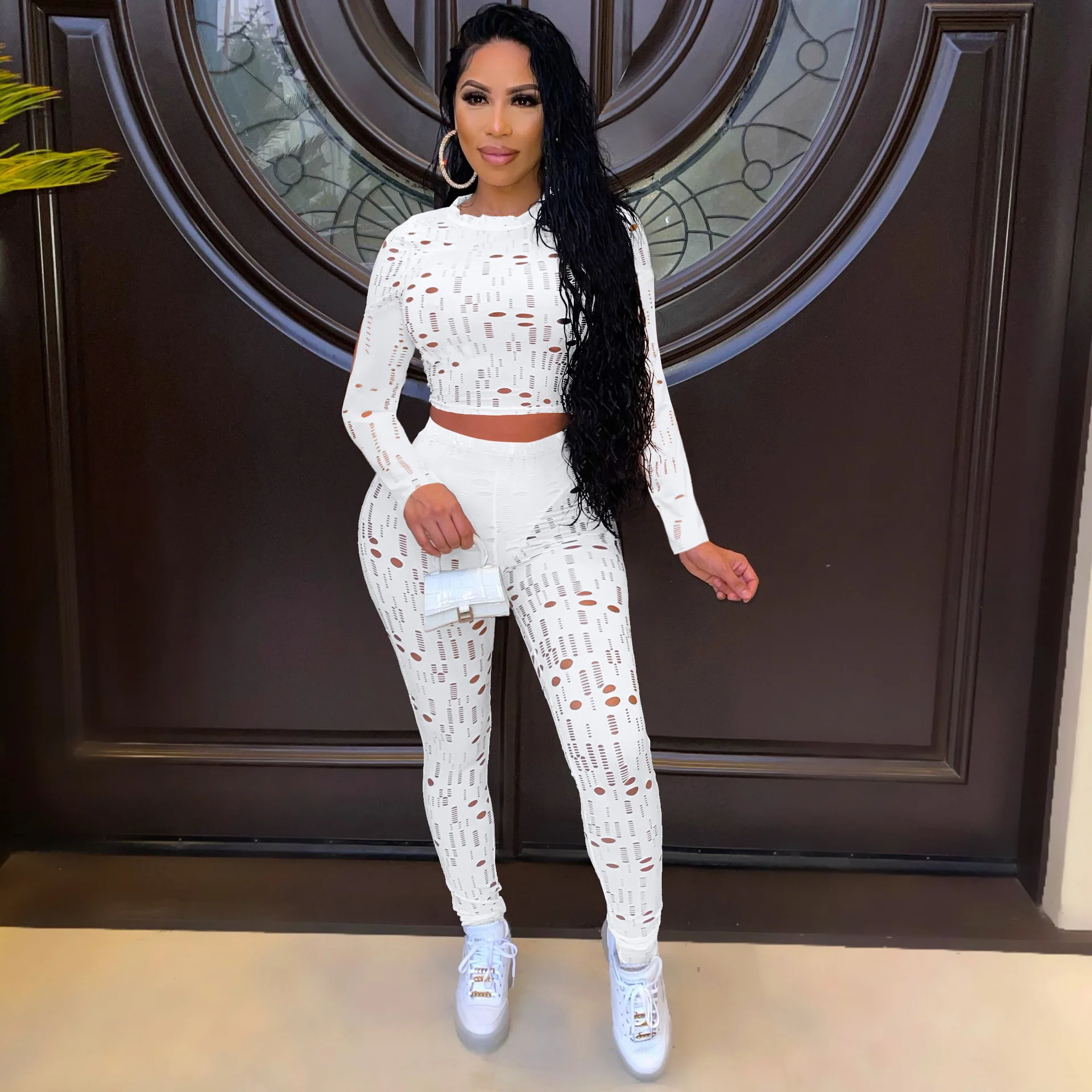 

Однотонный женский спортивный костюм с вырезами, сексуальный прозрачный укороченный топ с круглым вырезом и длинным рукавом и леггинсы, об...