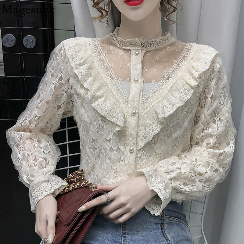 

Elegant Stand Collar Hollow Lace Shirt Autumn V-neck Mesh Stitched Ruffle Blouse Women Flare Long Sleeve Top Women Blusas 16850