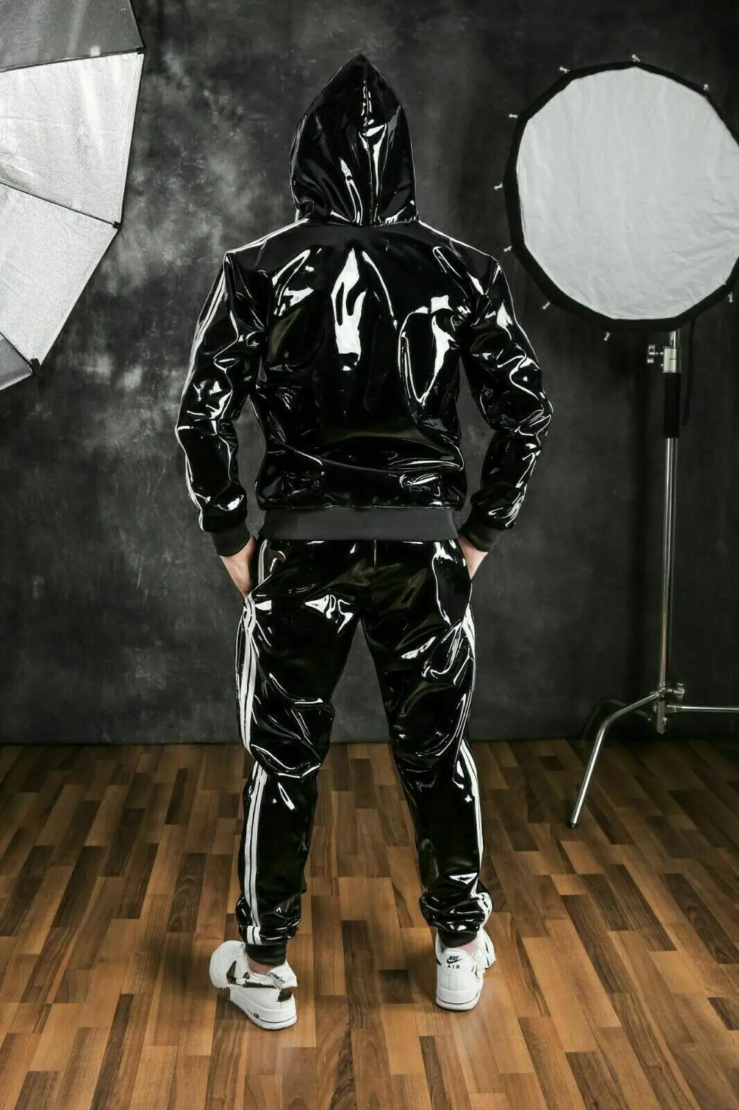 Men's PU Leather Tracksuit Jogging Coat Jacket Trousers Pants Sports Hoodie Set