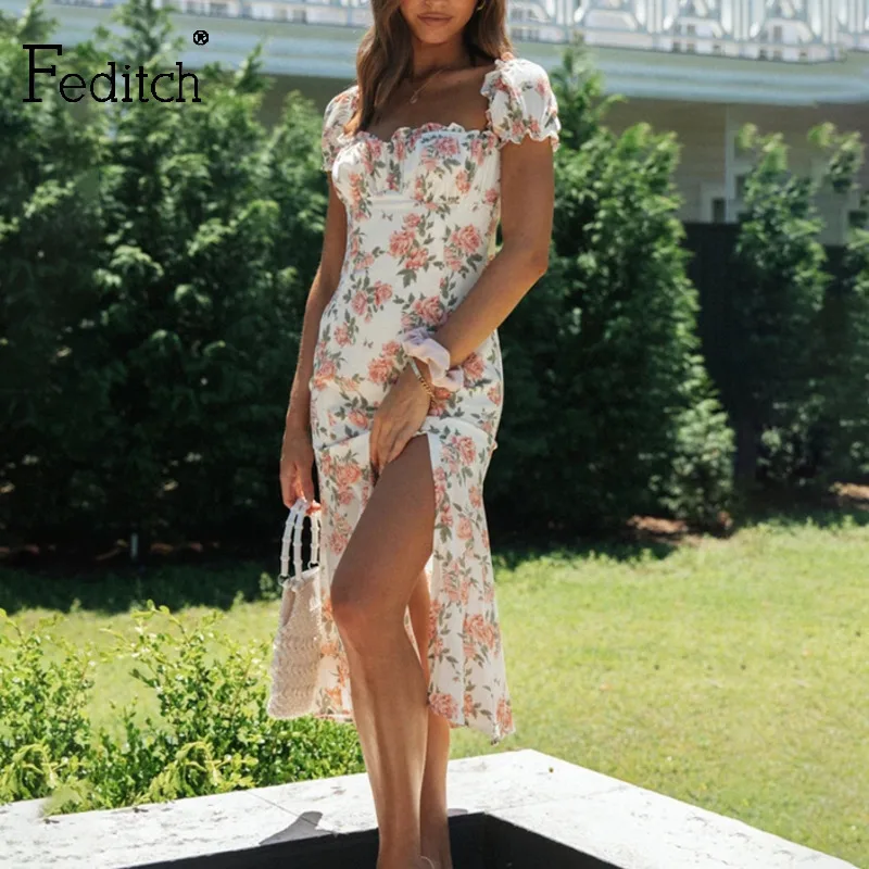 Feditch с рукавами фонариками С оборками цветочным принтом летние платья для женщин