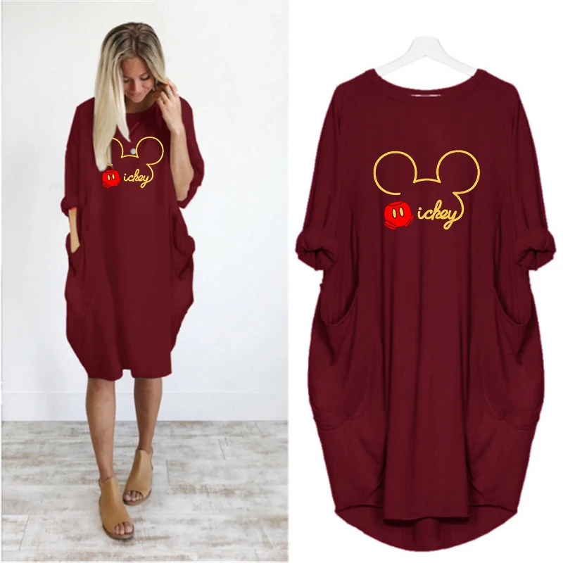 

Kawaii Dress Mickey Printing Pocket Loose Vintage Dresses Fall Maxi Clothes Casual Dresses Woman Dress 2021 Streetwear
