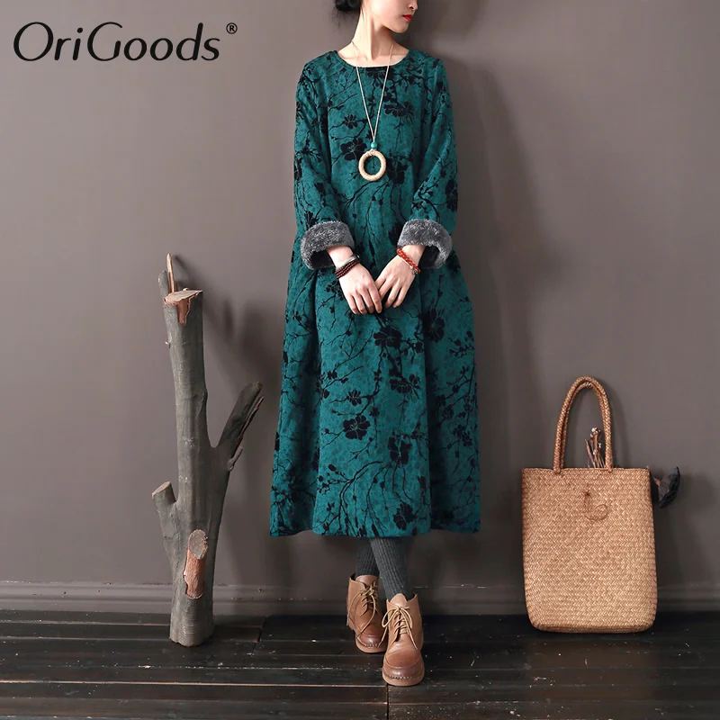 Оригинальное зимнее платье женское хлопковое бархатное плотное теплое в