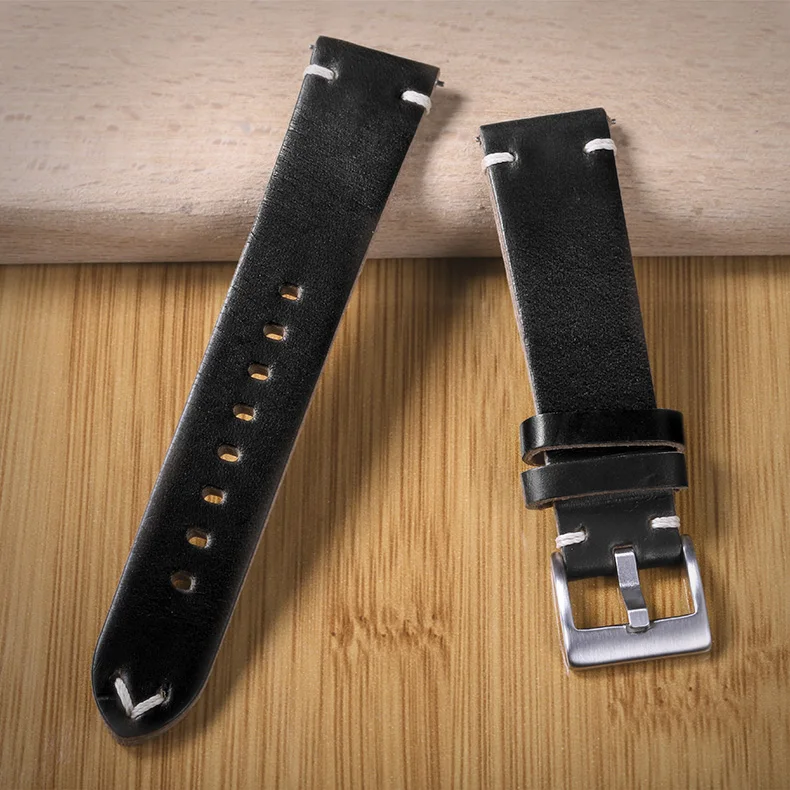 Horween Burgundy Chromexcel Leather Watch Bands Black 3.5mm Thick Handmade Leather Straps