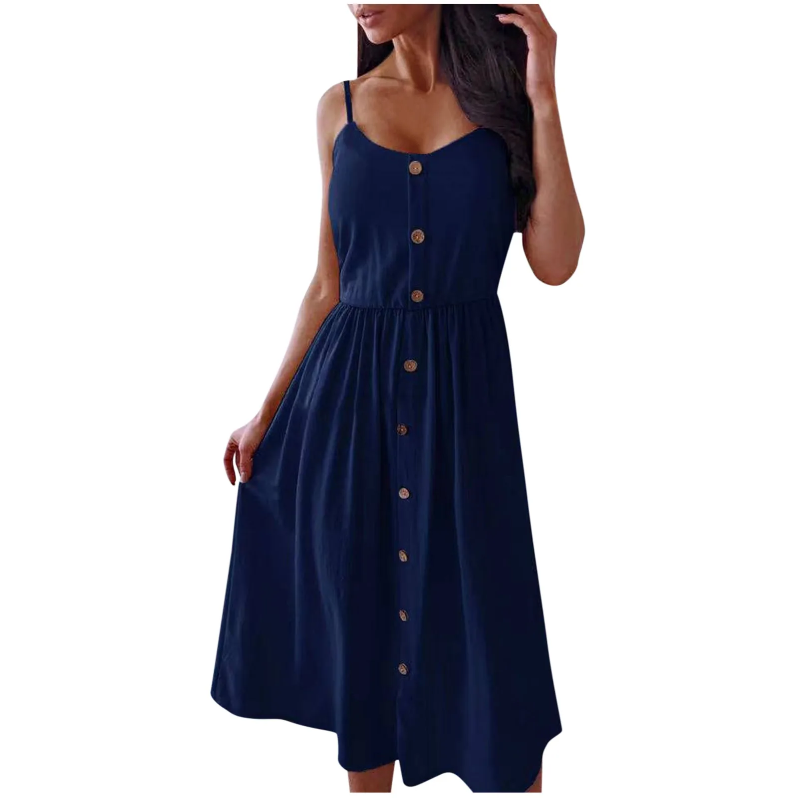 

Sexy Women Beach Dresses Summer Linen Buttons Camisole Casual A-Line Midi Dress Fashion Party Dress 2021