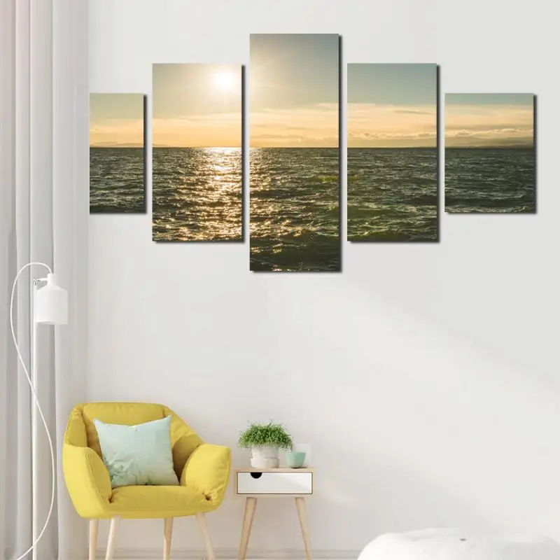 

5 Canvas Frameless Decorative Seascape Paintings Golden Sun Shining On The Sea Photography HD Waterproof Ink Printing Posters
