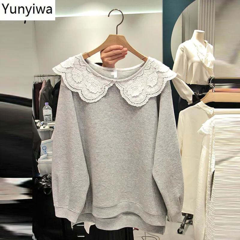

Lace Patchwork Peter Pan Collar Hoodies Women 2020 Autumn New Losse Soft Tops Casual Simple Fashion Femme Pullovers