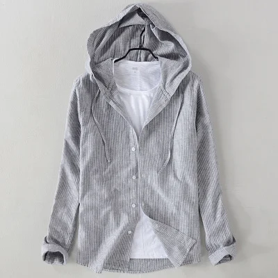 

9208 Men Spring Autumn Fashion Brand Japan Style Striped Cotton Linen Hooded Shirts Male Casual Long Sleeve White Blouse Clothes