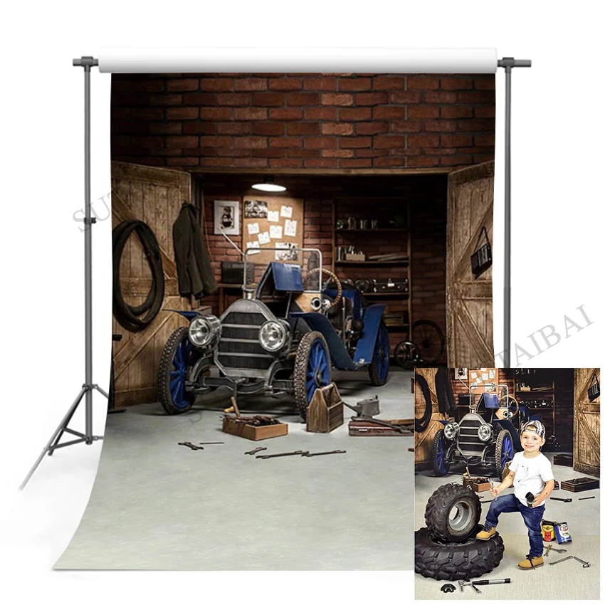 Retro Car Repairs Garage Photography Background Tool Workshop Baby Backdrop Photocall Photobooth Prop Printed Photophone Props