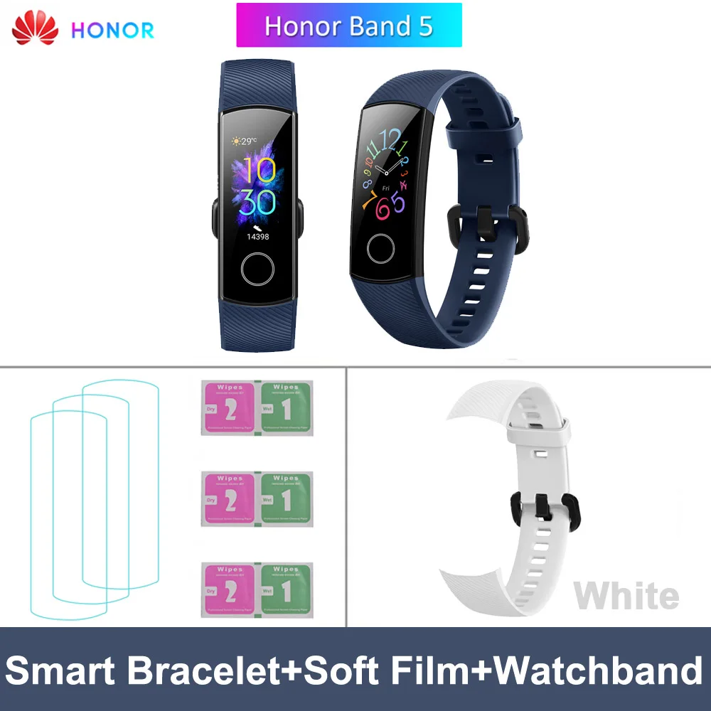 Blue add White Strap HONOR Band 5 фитнес умный Браслет мониторинг сердечного ритма 5 АТМ водонепроницаемый плавающий Bluetooth 4,2 смарт часы наручные часы - Цвет: Blue add White Strap
