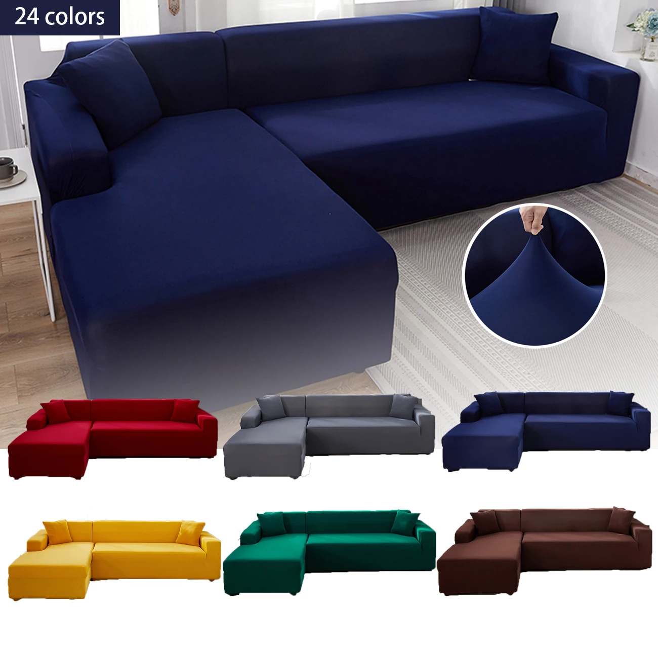 

Elastic Chair Dark Blue Solid Color Sofa Cover for Living Room Furniture Upholstery L Shape 1 2 3 Seater Couch Protection