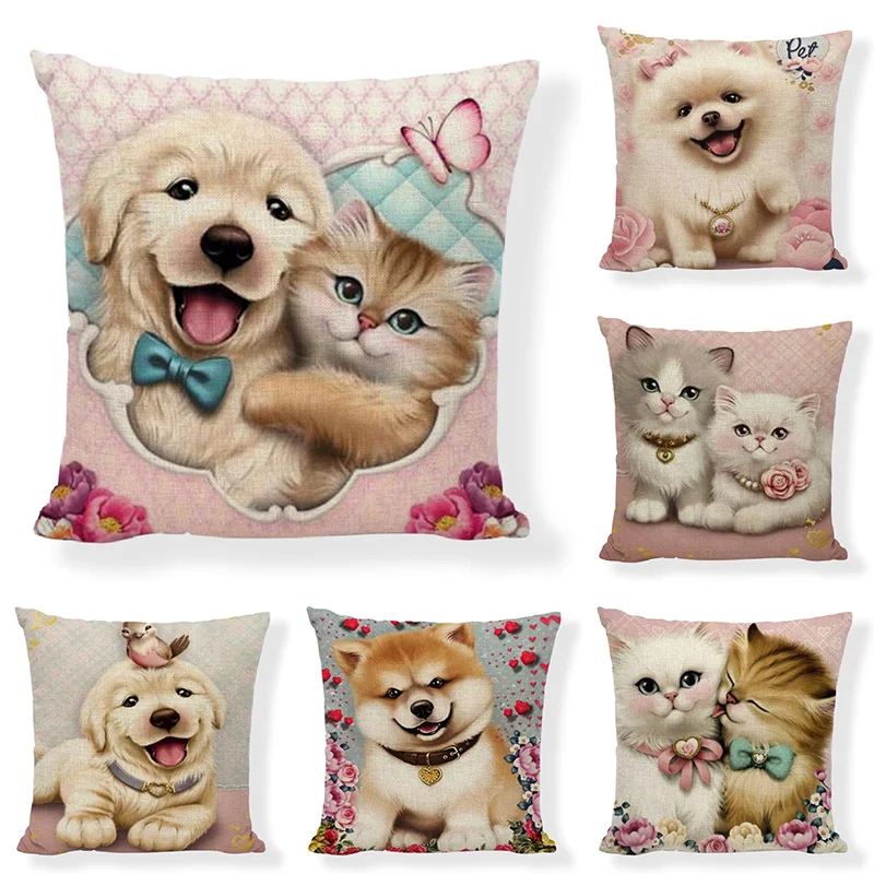 Новые с рисунком милого кота и собаки льняная Наволочка на подушку размером 45*45