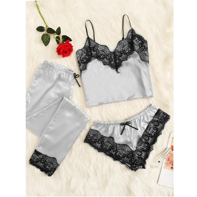 

9 Colors Women Satin Lace Mesh Sleepwear Homewear Nightwear Pyjamas Set Female Sexy Sleepwear Outfits 3PCS/Set