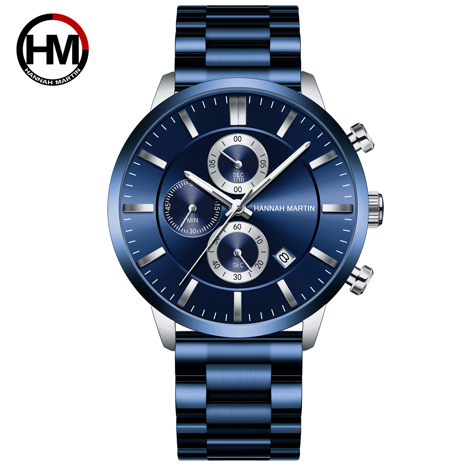 

2021 New Fashion Navy Blue Mens Watches Metal Bands Multi-Function Business Wristwatches Calendar Japanese Quartz Movement