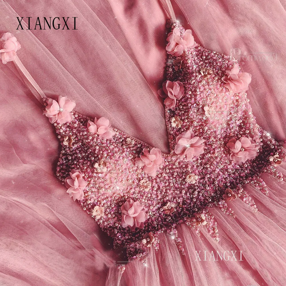 

Rose Pink Prom Dresses 2020 A-Line Beaded Flowers Tulle Long Prom Gown V-neck Spaghetti Straps Evening Dress Robe De Soiree