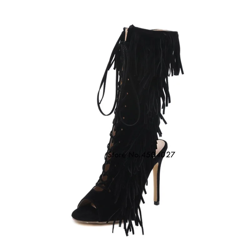 

New Women Boots Summer Fringe Mid-calf High Heel Boots Ladies Peep Toe Tassel Shoes Woman Botas Feminina