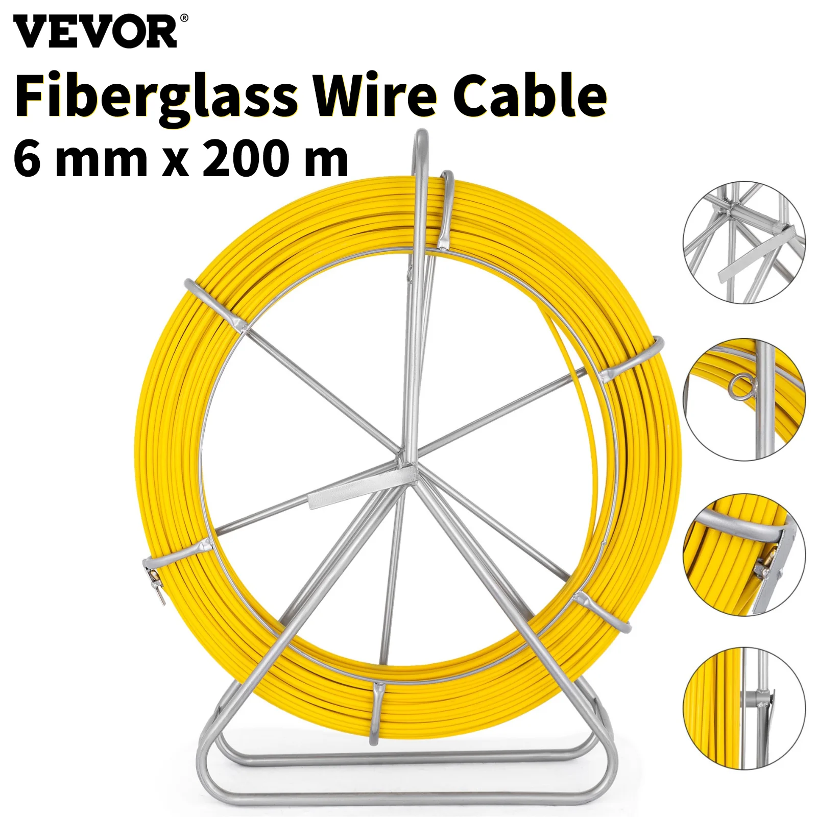 

VEVOR 6mm x 200m Fiberglass Wire Running Cable Duct Rodder Fish Tape Reel Conduit Puller W/ Cage Wheel Stand Drawing Guide Rope