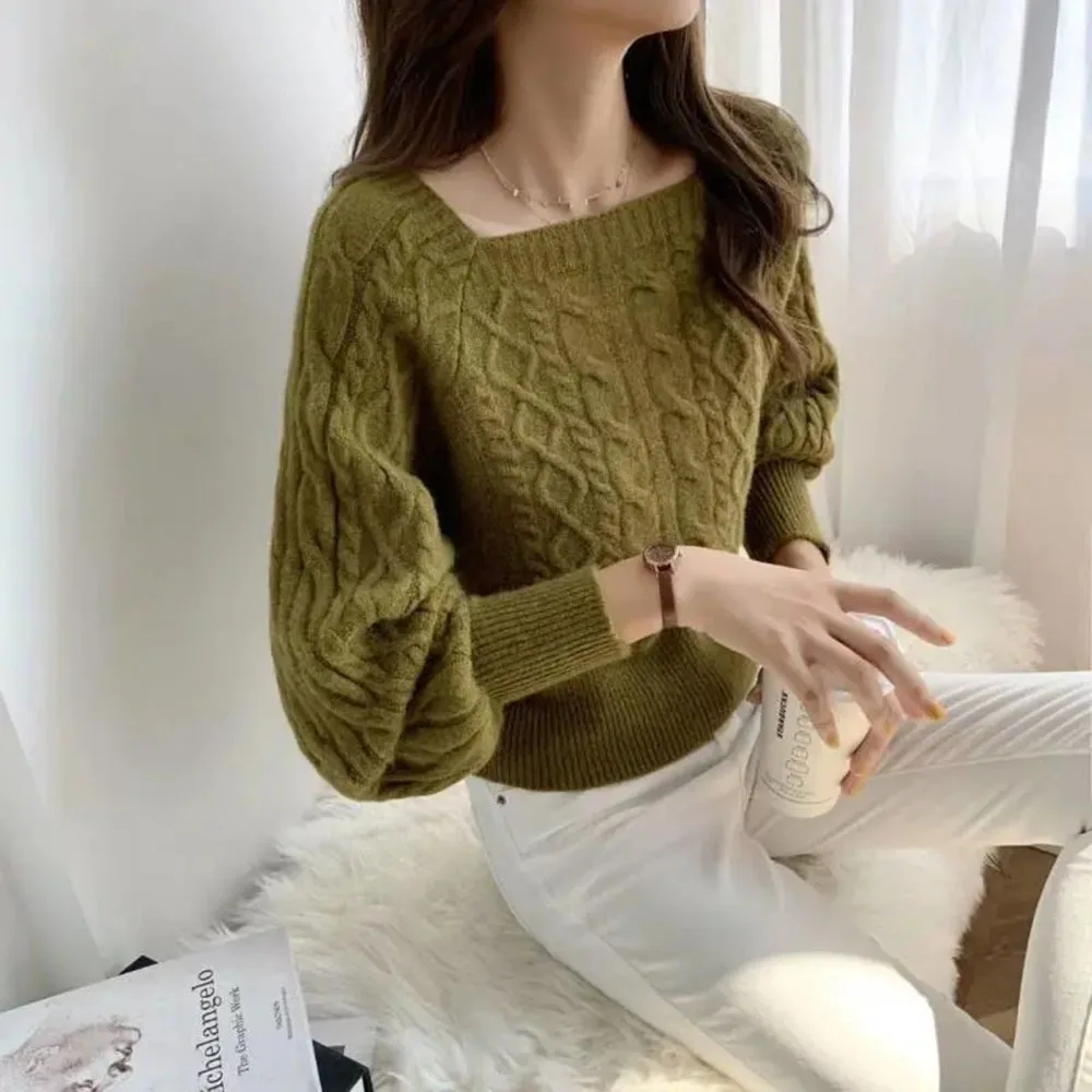 

Spring Fall New Korean Gentle Wind Loose Square Neck Knit Sweater Pullovers Women All-match Elegant Outer Wear Knit Jumpers