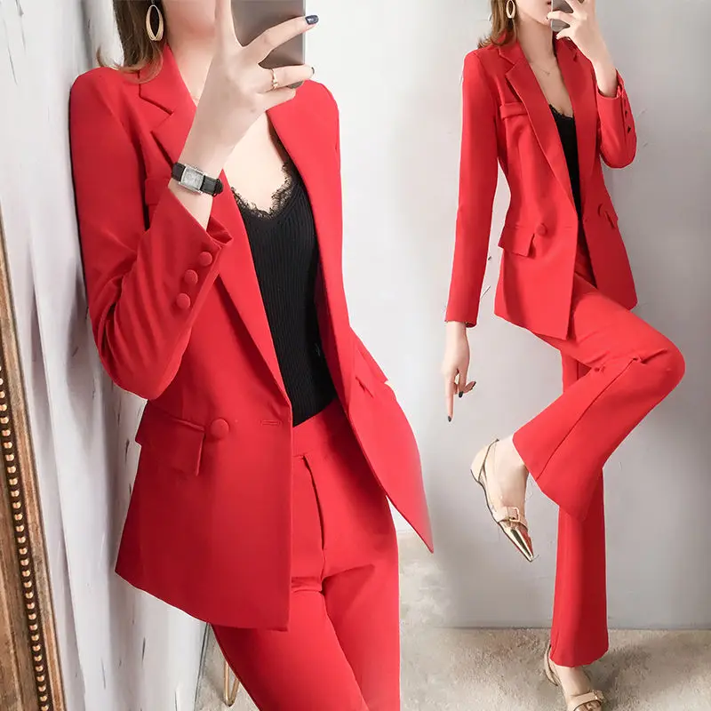 

Women 2021 Spring Autumn Office Suit Two-Piece Pantsuit Elegant Blazer Female Set Casual Slim Pants Jacket Work Clothes E451