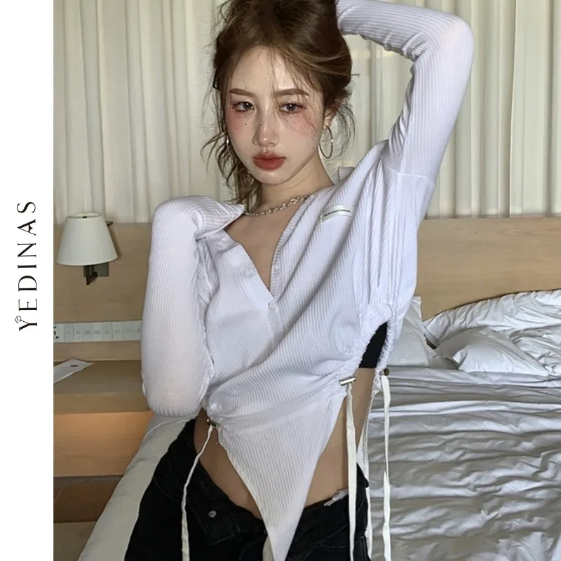 

Сексуальная футболка Yedinas, женское асимметричное американское боди, белый облегающий топ с V-образным вырезом и длинным рукавом, уличная оде...