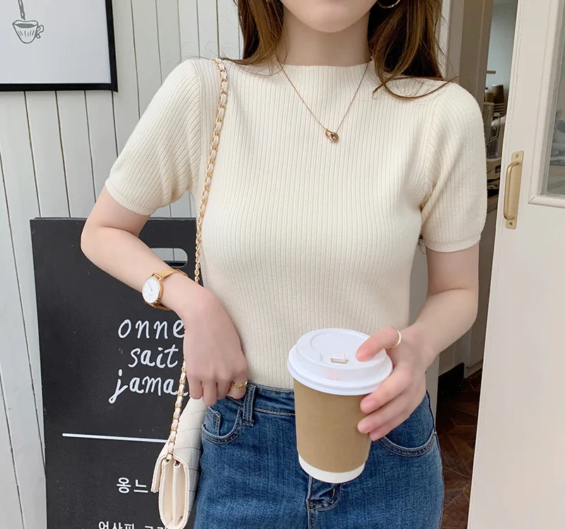 

5 Colors Women Spring Summer Slim Solid Color Knitted T-shirts Short Sleeves O-Neck Pullover Ladies Bottoming Shirt Femme Tops