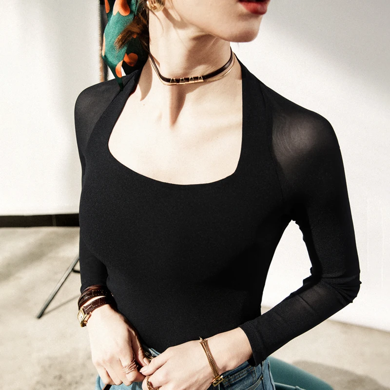 

Size S-3XL Autumn Spring Vintage Full Sleeve Square Collar T-shirt Girls Solid Stretchy Black Mesh TShirts Tops For Women