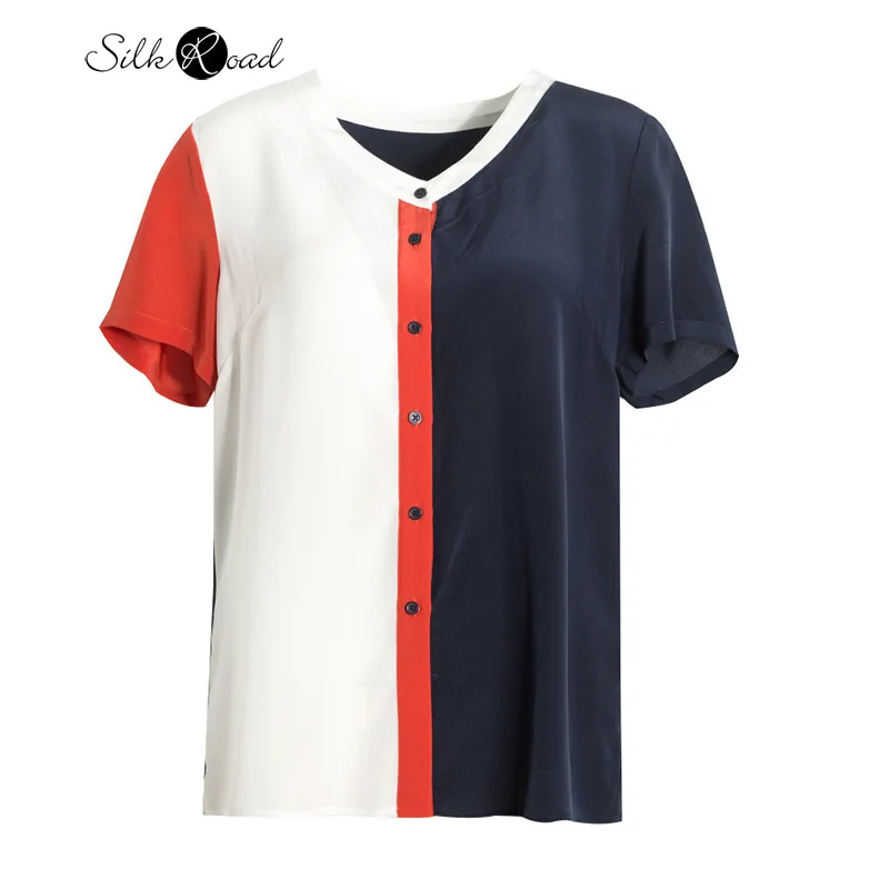 

Silviye Design Contrast Color Stitching Silk Shirt Women's Silk Short-Sleeved Straight Slimming Shirt 2020 New Style