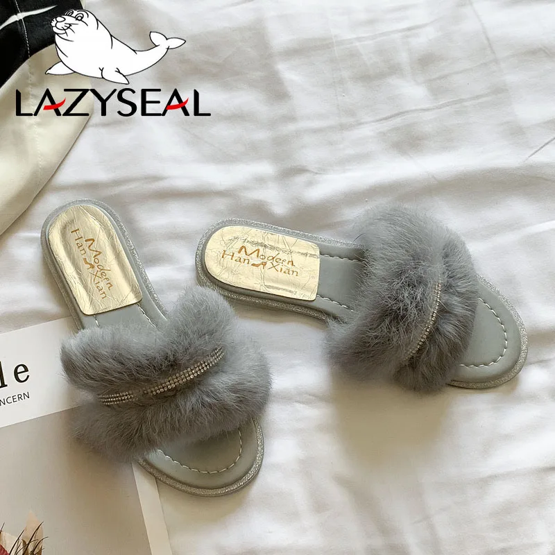 Gray LazySeal/шикарная обувь для ювелирных изделий; женские тапочки из натурального меха; домашние теплые пушистые тапочки на плоской подошве; женские шлепанцы; вьетнамки - Цвет: Gray