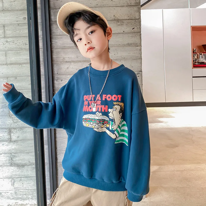 

Модный Свободный свитшот для мальчиков, пуловер с круглым вырезом и мультяшным принтом, тонкий свитер на весну и осень, хлопковый синий повс...