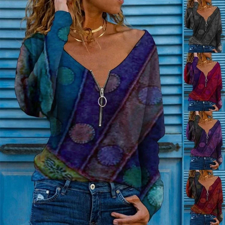 

Женские Новые Топы 2021, футболка в национальном стиле на осень/зиму, футболка большого размера с V-образным вырезом и молнией, повседневный св...