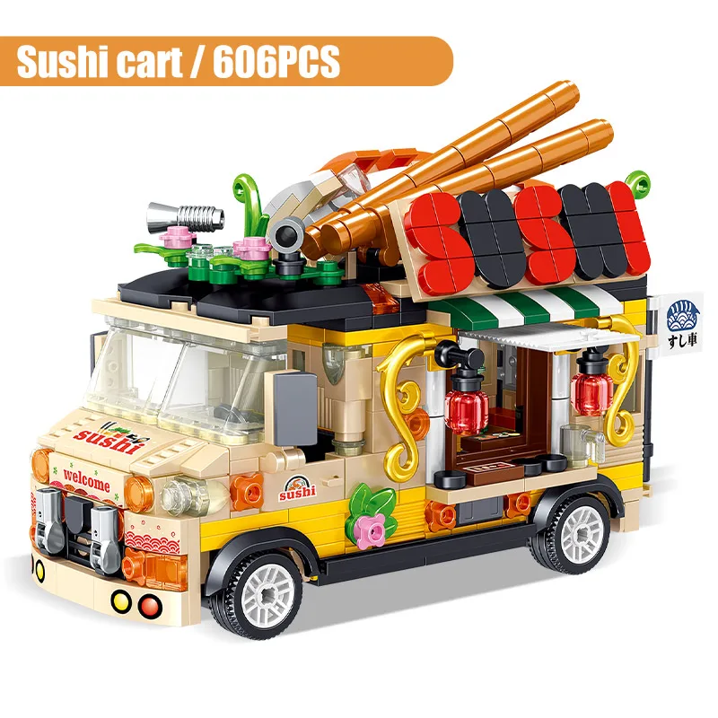 New MIni Movable Food Trucks Fruit Dessert Ice Cream Cake Sushi Burger Cars Building Blocks Stitchin Toys Girl Birthday For | Игрушки и