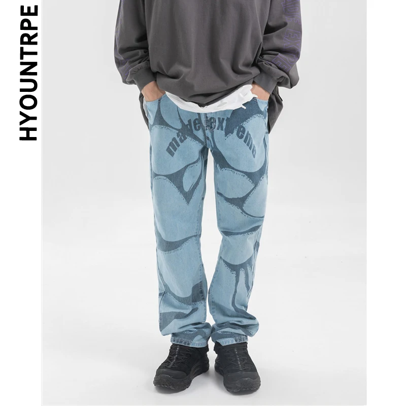 Irregular Geometric Printed Denim Jeans Men Elastic Waist Drewstring Straight Pant Hip Hop Streetwear Autumn Winter Pants Jogger | Мужская