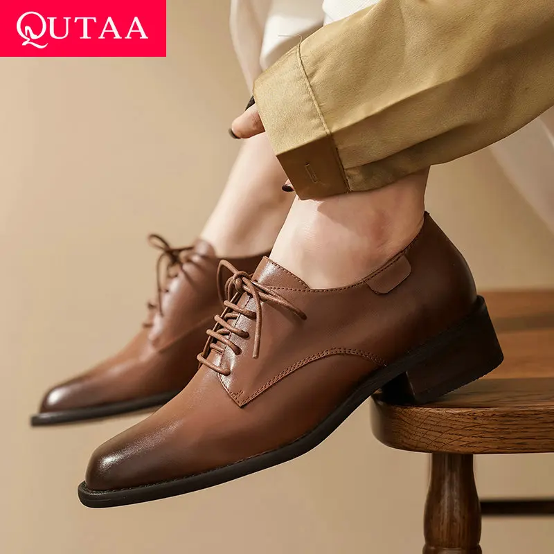 

QUTAA 2022 Elegant Round Toe Autumn Winter Pumps Cow Leather Lace Up Women Shoes Square Med Heel Autumn Shoes Size 34-42