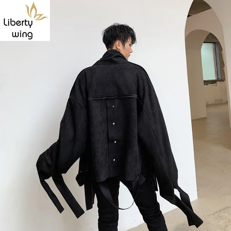 

Personality Designer New Irregular Men Suede Jackets High Street Autumn Casual Loose Fit Stand Collar Black Male Outerwear Coats